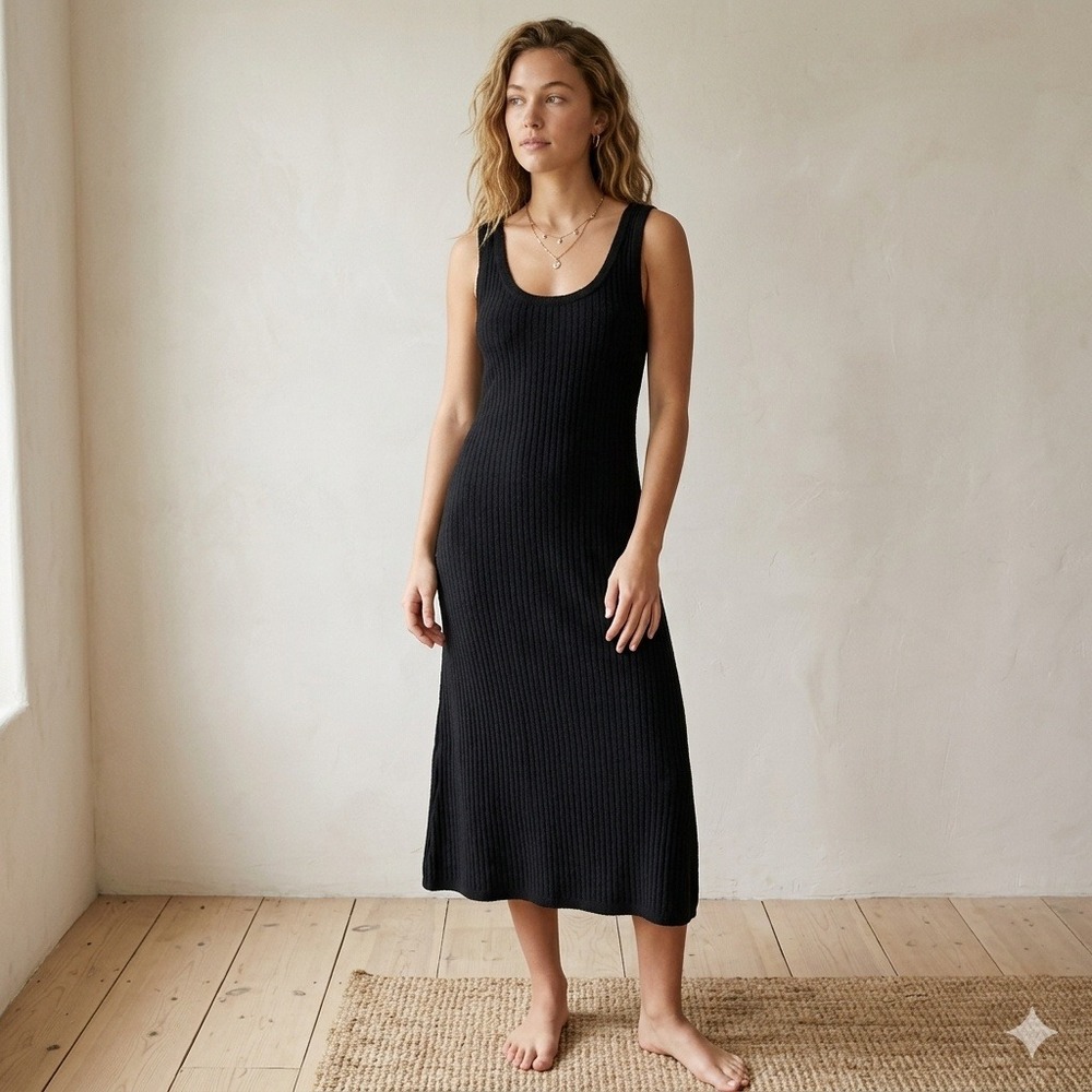 Barefoot Dreams CozyChic Ultra Lite Dress XS Black Ribbed Scoop Neck Maxi Slit